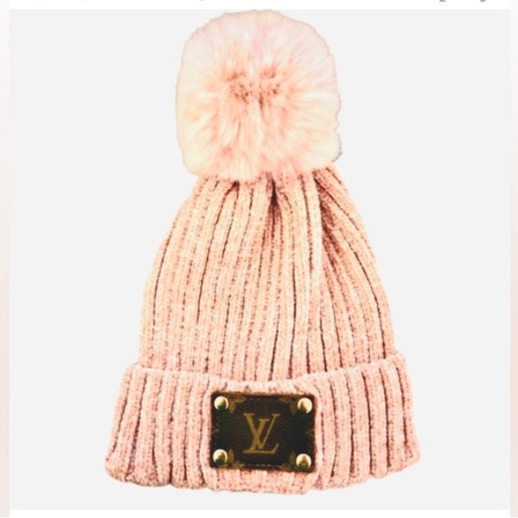 Upcycled Accessories - New LV Pink Chenille Patch Beanie